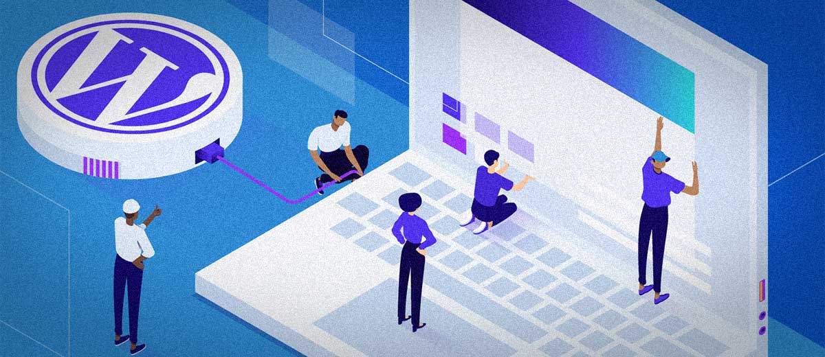 illustration of people putting together a WordPress site