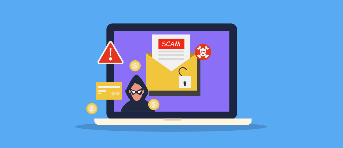 vector image of a computer screen with email envelope and a scammer behind it.
