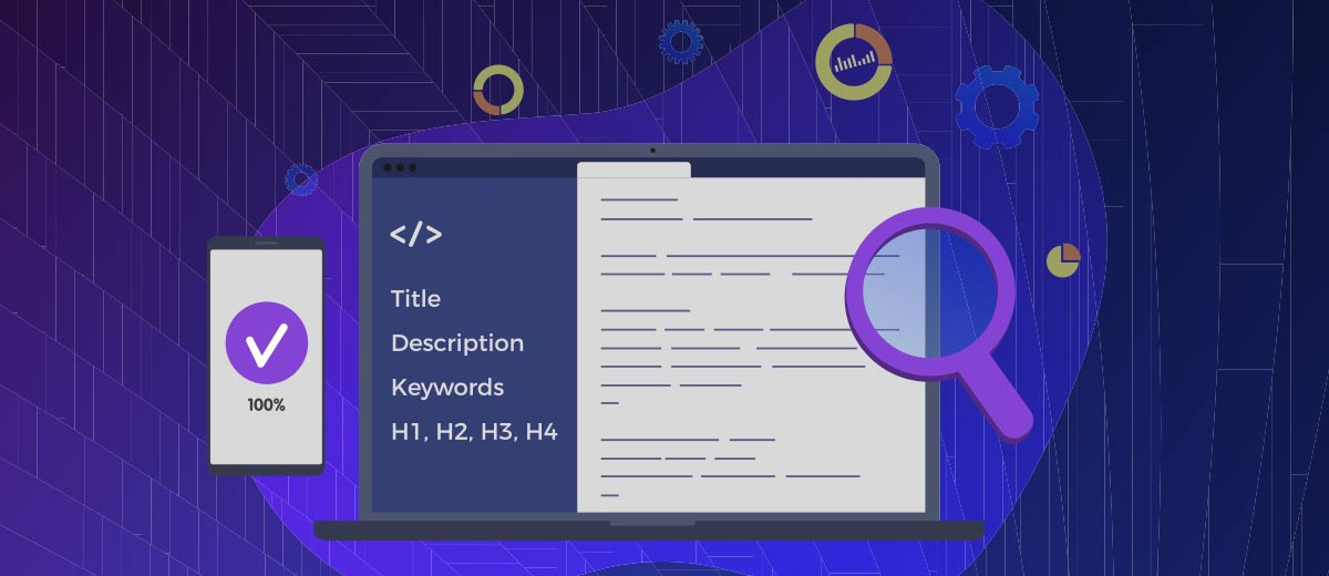 vector image of a computer with a list of necessary html tags to provide proper seo.